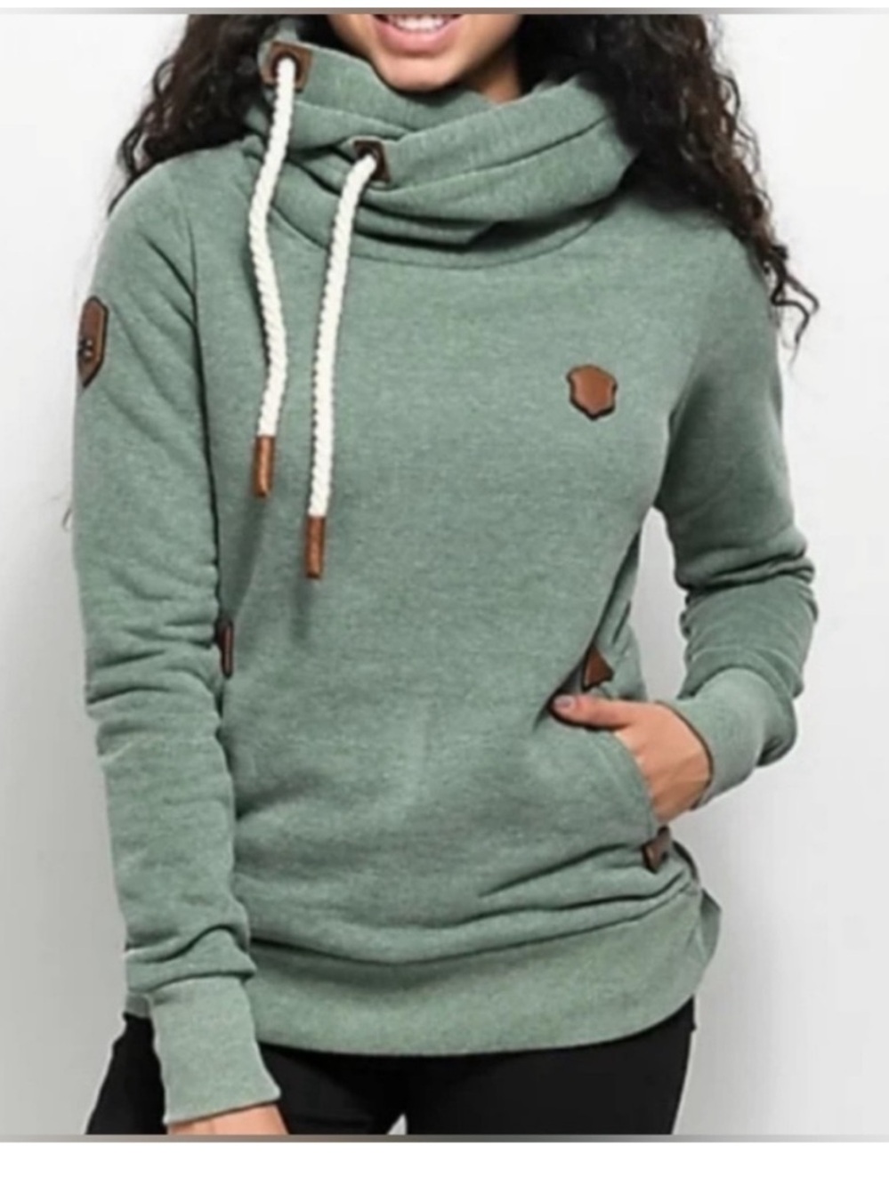 Naketano Hooded Sweatshirt Sz L Sage Green Cowl Neck Pullover with Drawcords